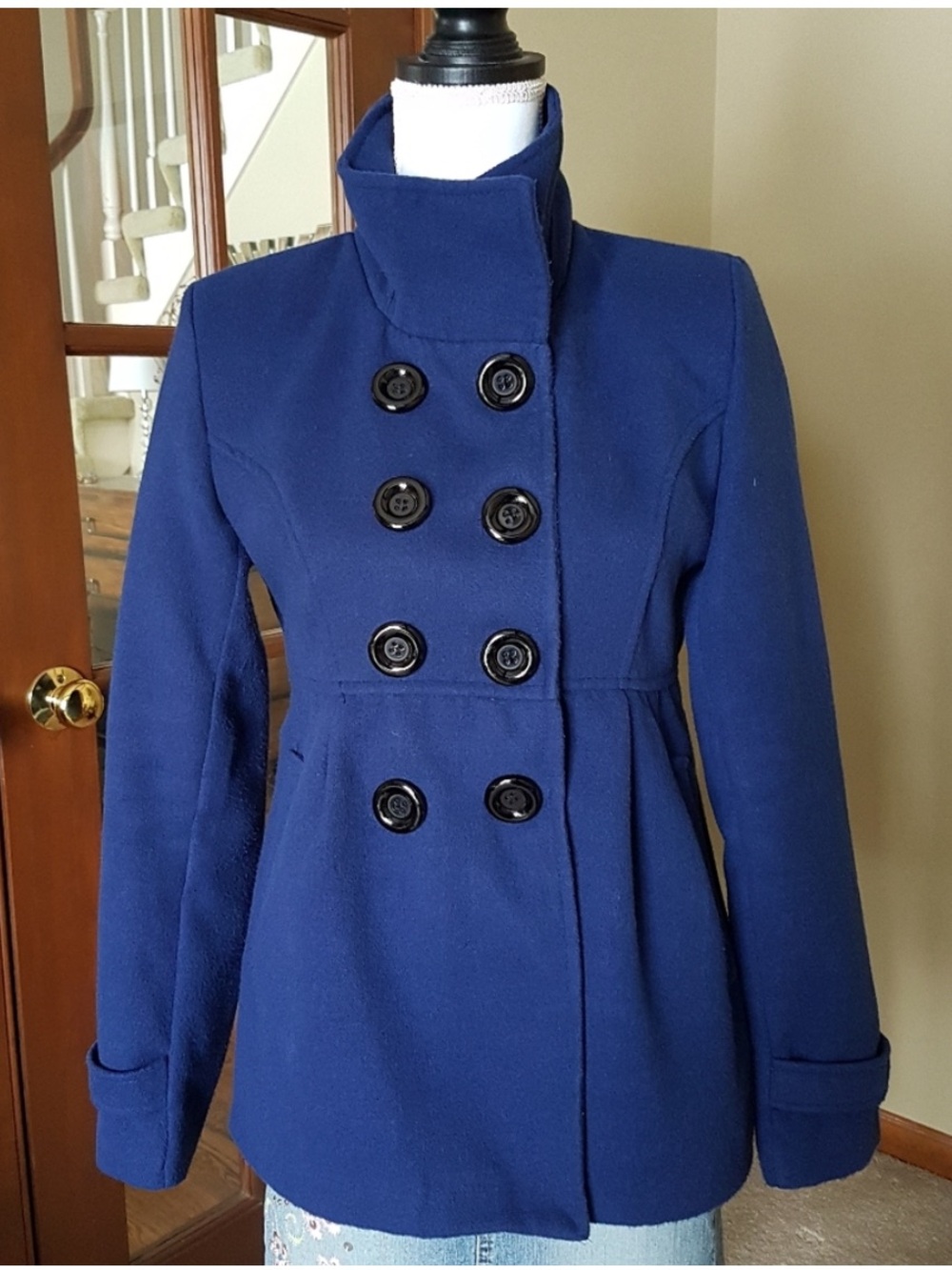 Navy Blue Wool Blend Peacoat with Black Accent Buttons from Italy